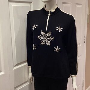 St. John Sport by Marie Gray Black Sweater with White Snowflakes